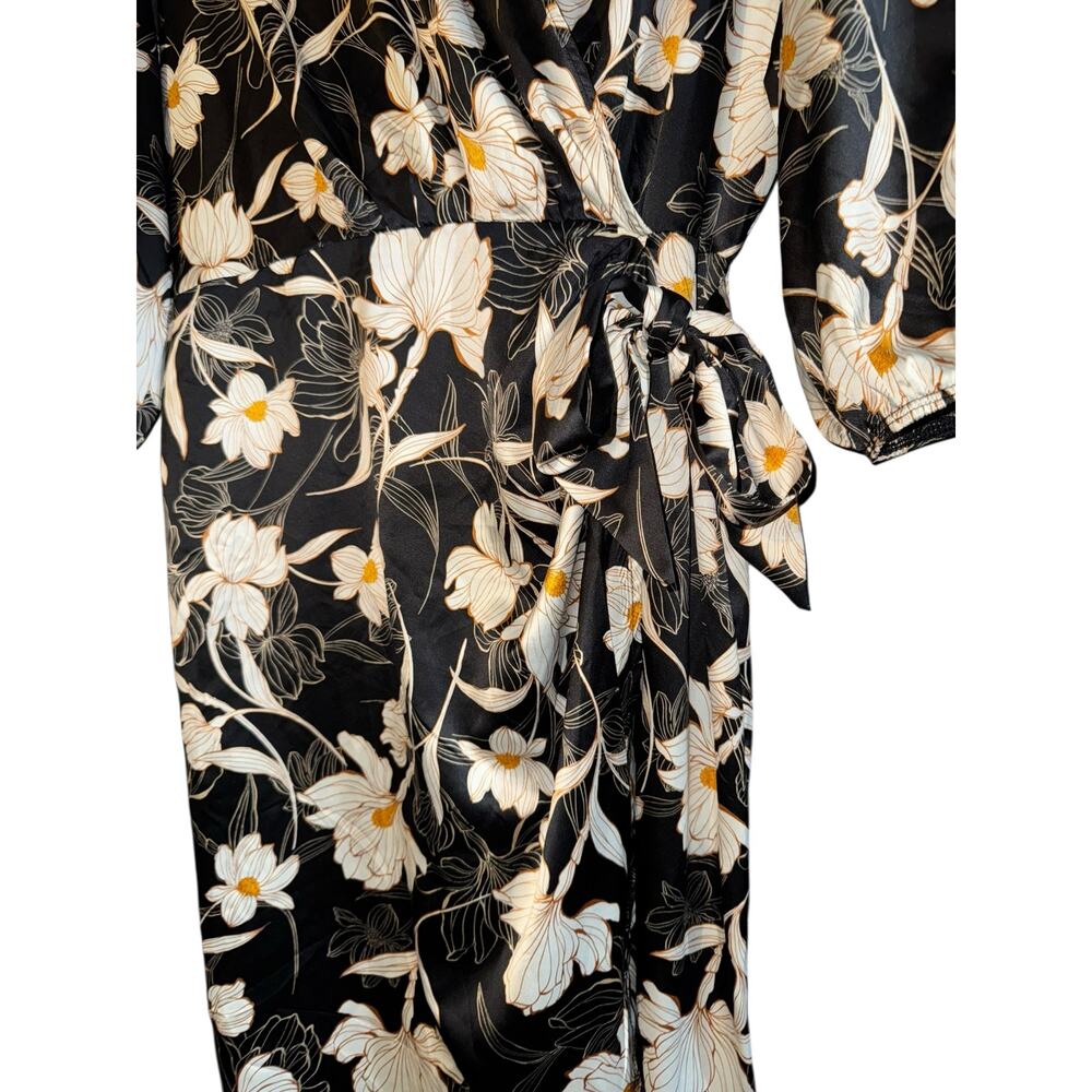 Naif Faux Wrap Satin Dress Women's XL Balloon Sleeve Lilly Floral Wedding Event - Picture 3 of 8